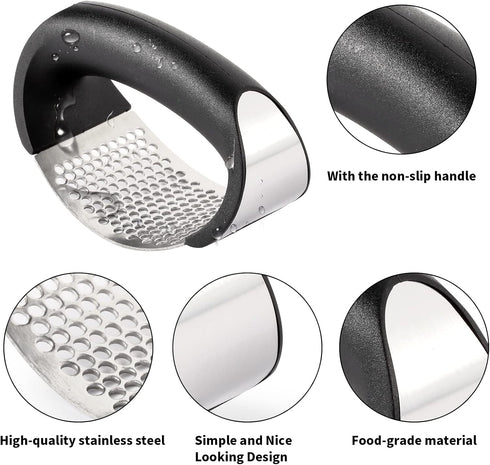 Rngeo 2 Pack 2 2 2 Garlic Press Rocker, Stainless Steel Garlic Mincer with Peelers, Scrapers and Brushes | Garlic