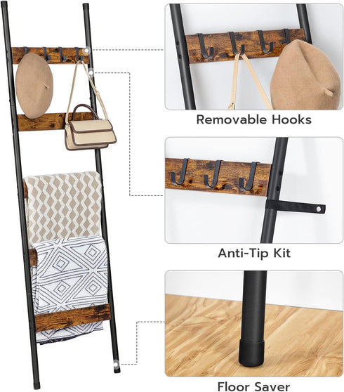 5-Tier BF52CJ01 HOOBRO Blanket Ladder, Towel Rack with Hooks, Wall-Leaning Blanket Rack, Decorative Display Ladder
