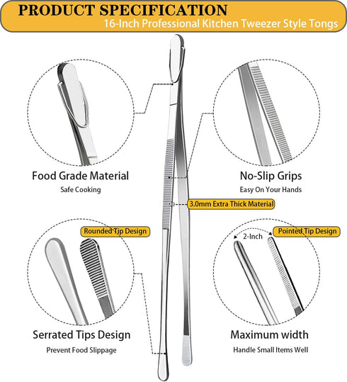 JETKONG 16-Inch Fine Tweezer Tongs Extra-Long Cooking Tweezer Stainless Steel Kitchen Tweezers (Round-Tips) by JETKONG