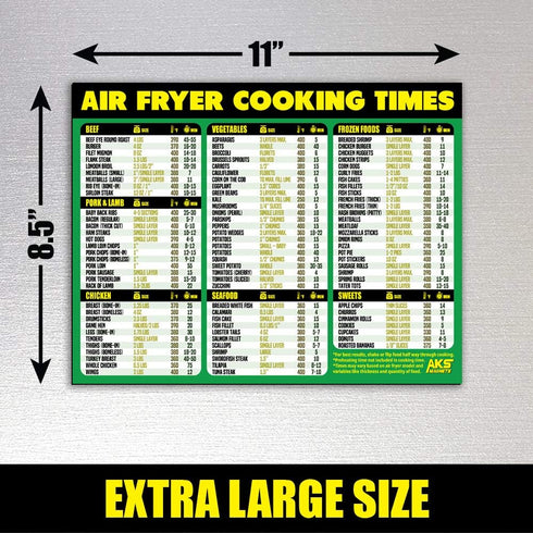 Air Fryer Cooking Times Magnetic Cheat Sheet, Extra Large 11” x 8.5” Quick Reference Guide for Airfry Foods