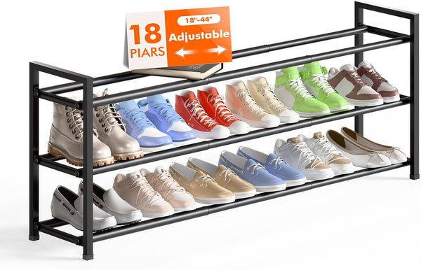 Bumusty 3-Tier Long Expandable Shoe Rack for Closet, 18"-44" Adjustable Shoe Rack