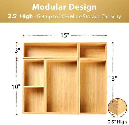 Umilife Drawer Organizer Storage Boxes - 2.5" High Bamboo Drawer Dividers with 5 Rearrangeable Bins for Kitchen & Office