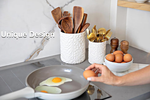 Large 7.3"+5.4" Engraved Ceramic Utensil Holder for Countertop, Cooking Utensils Organizer for Spatula, Large Utensils Crock for Kitchen Counter, Kitchen Decor, set of 2, White