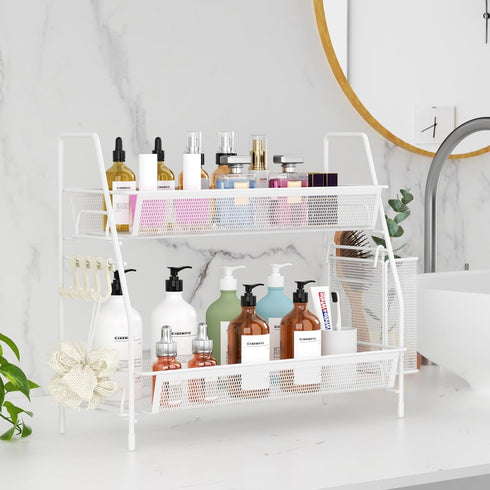 VITVITI 2-Tier Bathroom Organizer Countertop, Metal Wire Mesh Bathroom Counter Organizer Storage with Basket Hooks, Vanity Tray Shelf, Kitchen Spice Rack, White by VITVITI