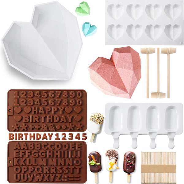 Patelai 5 Pcs Silicone Chocolate Mold - Diamond Heart Cake, Ice Lolly, Letter and Number Mold with Hammers