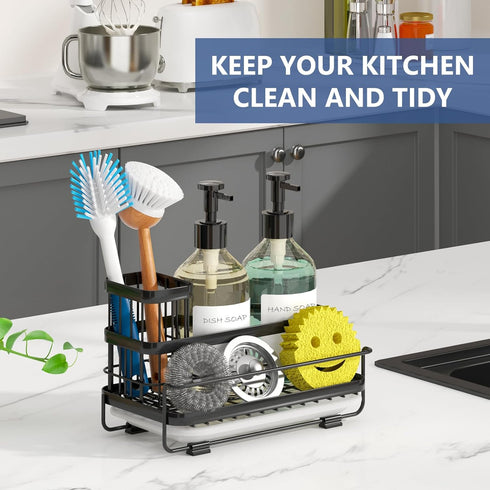 Trendy Sink Caddy Kitchen Organizer, Sponge Holder with Drain Tray, Rustproof Non-Slip Dish Soap Dispenser Rack (Matte