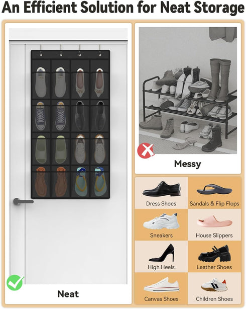 16 Closet 4 dodowin Over the Door Shoe Organizer Rack, Large Breathable Mesh Pockets, Foldable Hanging Storage Holder