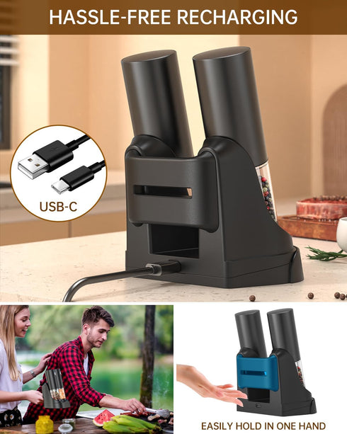 CIRCLE JOY Electric Salt and Pepper Grinder Set, Automatic with Charging Base, LED Light, Adjustable Coarseness, Black