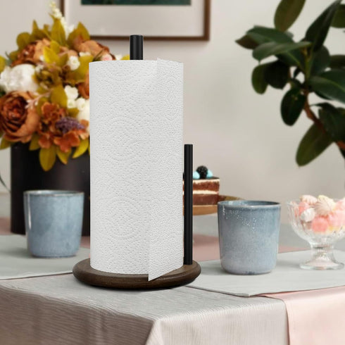 Paper Towel Holder with Real Wood Round Base, Farmhouse Stand for Kitchen Roll Organize, Wooden Holder for Home Decor