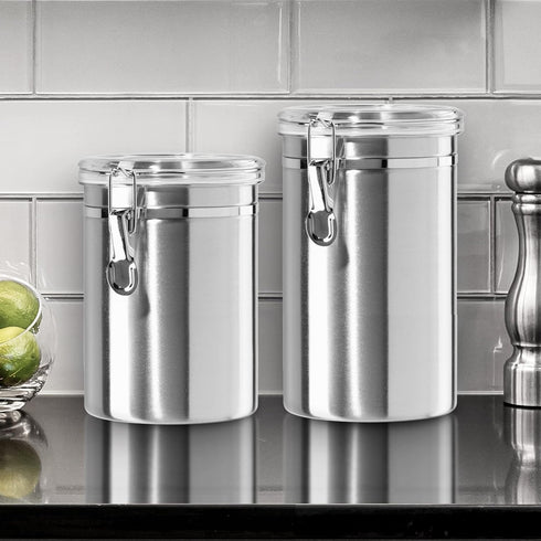 62 oz 5" 7.5". Oggi Stainless Steel Kitchen Canister fl - Airtight Clamp Lid, Clear See-Thru Top - Ideal for Kitchen