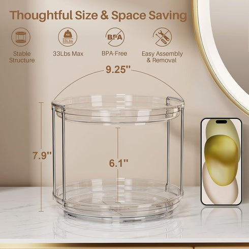 2 Tier Lazy Susan Turntable Organizer - 9.25'' Rotating Spice Rack for Kitchen, Pantry, and Bathroom Vanity