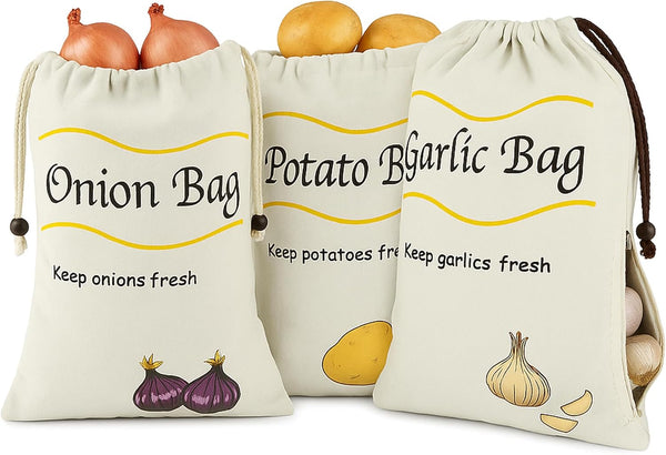 3 Pack Vegetable Storage Bags for Potatoes Onions Garlic, Drawstring with Side