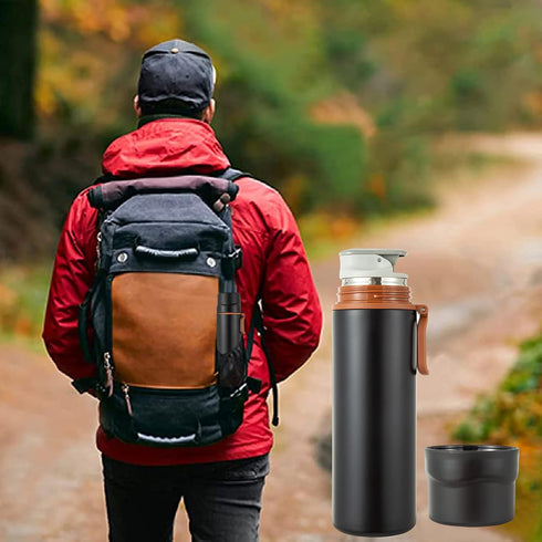 Insulated 15oz Black Water Bottle - Stainless Steel Vacuum Coffee Cup with Handle, Double Walled Sport Travel Mug