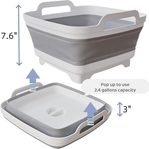 Collapsible Wash Basin with Drain Plug - 2.4 Gallon (9L) Portable Sink for RV Camping, Space-Saving Dish Pan (Gray)