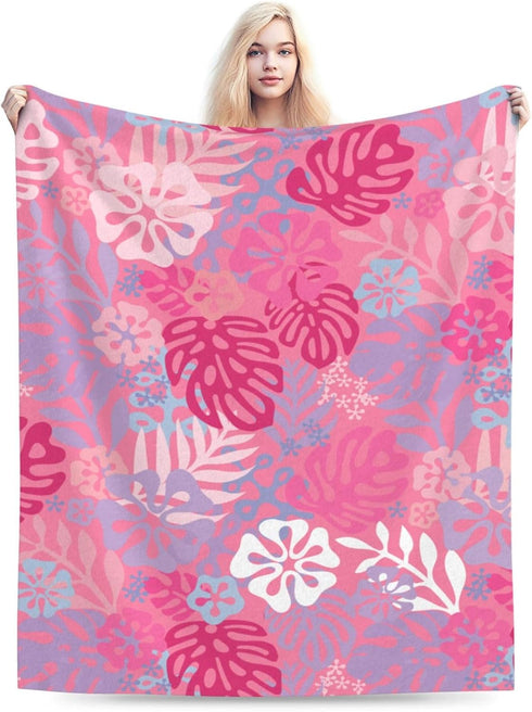 Jbofyee 80x60 Inch Hawaii Flowers Pink Throw Blankets All Season Ultra Soft Warm Tropical Aloha Pattern Fleece Blanket