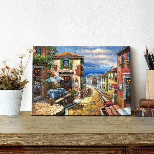 Italian Cityscape Abstract Wall Art Artwork: Mediterranean City Italy Street Towns Picture Painting on Canvas for Paris Cafe Room(12X16)