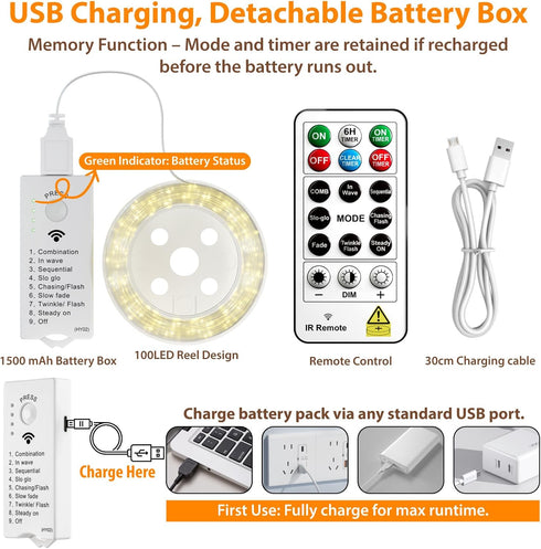 Remote33ft 100LED 8 HXWEIYE Fairy Lights Battery Operated (Included) with DIY Timer & Rechargeable Twinkle String