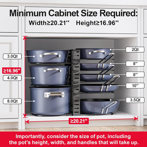 ORDORA Pots and Pans Organizer: Under Cabinet, Adjustable 8-Tier Pot Organizers inside Cabinet, Kitchen Organizers and Storage Fit 6-11 inch Lightweight Cookware by ORDORA