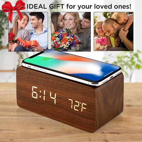 OCT17 Alarm Clock with Qi Wireless Charging Pad Compatible with iPhone Samsung, Brown Wood LED Digital Clock with Sound