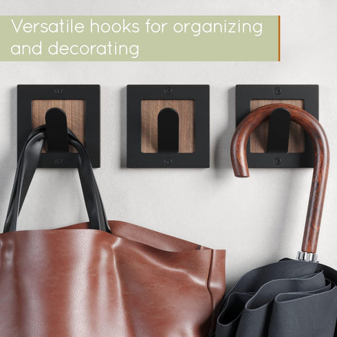 Set 3 Walnut Wood Black Square Metal Hooks Wall Coat Hook Rack - of for Coat and Hat Hanging