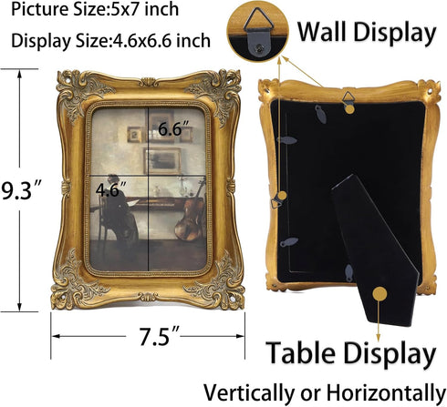 SIKOO Vintage Picture Frame 5x7 - Bronze Gold Antique Ornate Photo Frame for Wall Mount and Tabletop Display