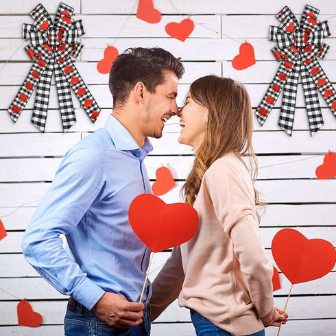 Hying Large Valentine's Day Bows for Wreath, Black White Buffalo Plaid Bows with Glitter Red Hearts for Decorations