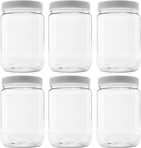 6 Pack of 32 Ounce Plastic Quart Jars with 89RM Leak Proof Seal Lid, Food Grade and BPA Free (32oz, 6pk)