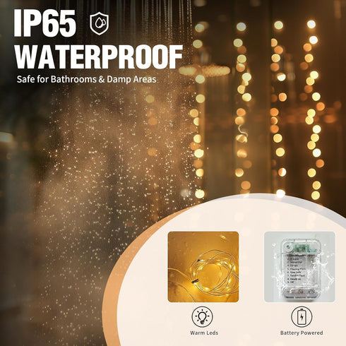 Patioman 72 Inch 8 Waterproof LED Shower Curtain Lights - Fairy Lights for Bathroom, Modes Warm White Spa Mood Lighting