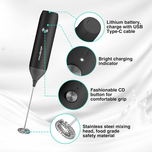 HAUSHOF Powerful Rechargeable Milk Frother, Handheld USB Type-C Electric Foam Maker for Coffee