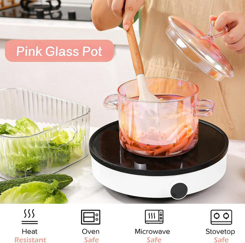 1.5L/51oz Pink Glass Cooking Pots for Stove, Heat Resistant for Pasta, Vegetable, Soup, and Salad
