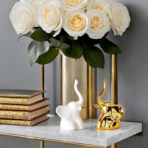 Home Decor Elephant Statues - 1 Pair of Small Decorative Accents for Living Room and Bedroom, Gold and White