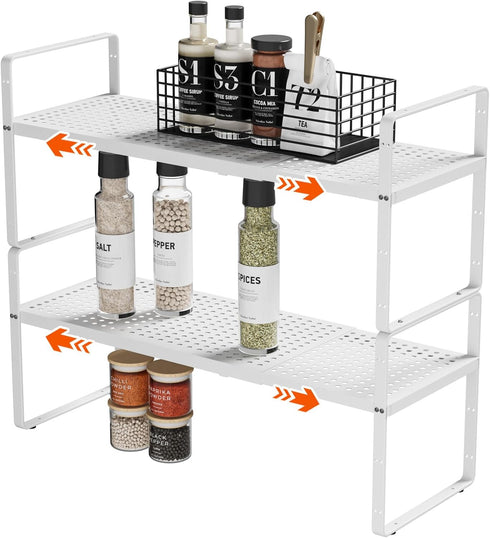 2Pack 16.5-27L Expandable Cabinet Countertop Shelf Organizer, Stackable Metal Shelves, Kitchen Organizers