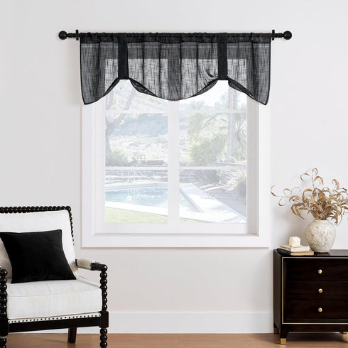 Home Queen Linen Look Tie Up Valance Curtain, Semi Sheer Balloon Valence for Living Room and Bedroom, Black