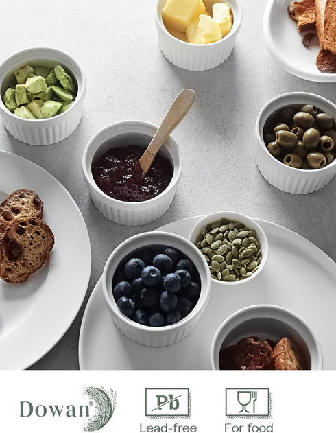 DOWAN 6 oz Ramekins - Oven Safe Ceramic Bowls for Creme Brulee Souffle, Set of 6, Classic White