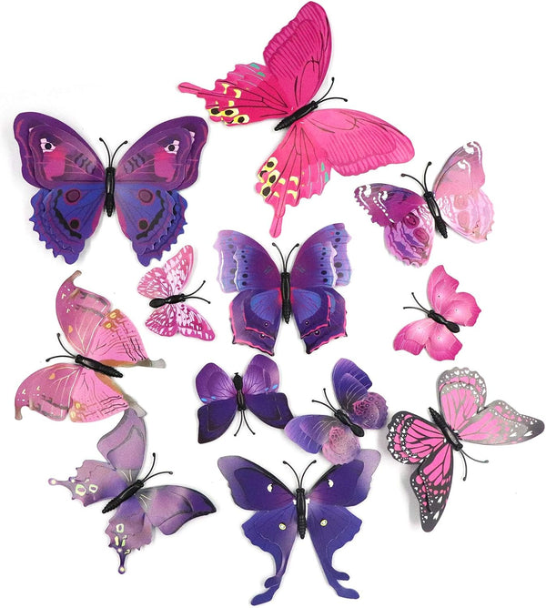 12 Pcs Purple Butterflies Double Wings Refrigerator Magnets, Removable Wall Decal Decoration
