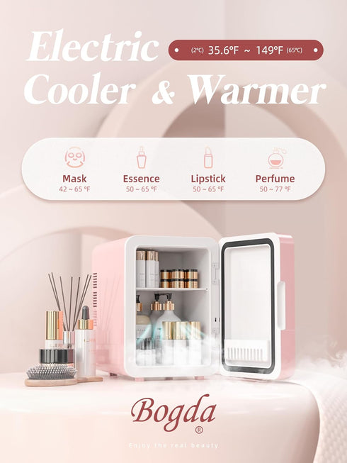 BOGDA Mini Skincare Fridge (4 Liter/6 Can) with Dimmable LED Light Mirror, Cooler and Warmer for Makeup