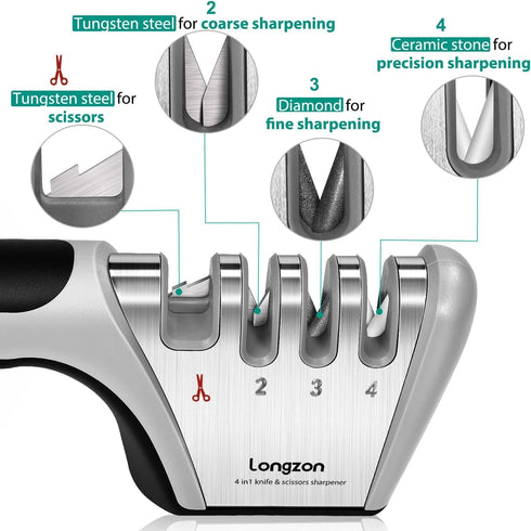 4-in-1 Knife Sharpener with Cut-Resistant Glove, Original Premium Polish Blades, Best Kitchen Knife Sharpener