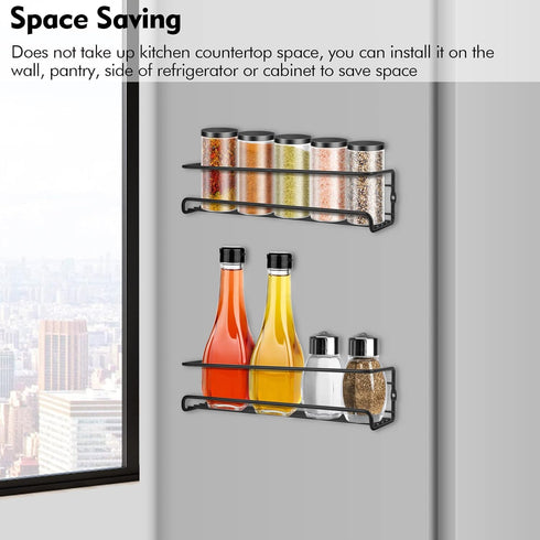 Wall Mounted Spice Rack, Hanging Spice Organizers for Kitchen Condiments Storage, Space Saving (2pcs, Black)