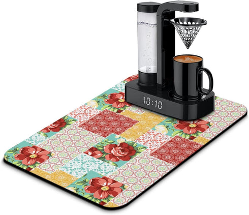 Coffee Bar Mat Accessories for Countertop, Absorbent Rubber Backed Dish Drying Mats for Kitchen, 24x16in