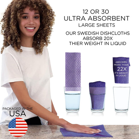 LOLA Wowables XL Swedish Dishcloths, 30 Reusable Eco Cleaning Cloths, 11" x 10", Ultra Absorbent, Compostable