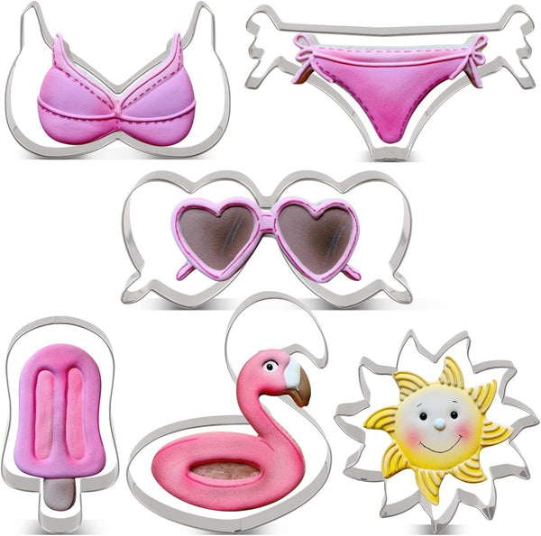LILIAO Summer Beach Cookie Cutter Set - 6 Piece - Stainless Steel Sun, Flamingo Float, Popsicle, Heart Sunglasses,