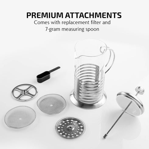 OVENTE 34 Ounce French Press Coffee & Tea Maker, Silver, 4 Filter Stainless Steel Plunger & Borosilicate Glass
