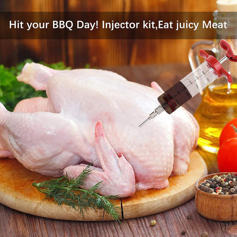 Premium Meat Injector, Marinade Syringe with 2 Needles for BBQ Grill, Turkey Cooking, 1-oz Capacity, Red