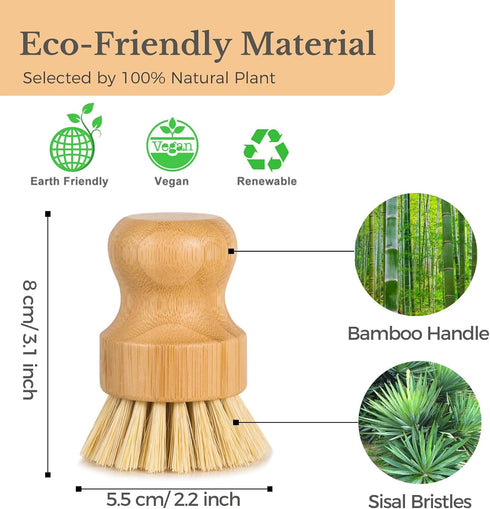 2P Bamboo Dish Brush, Eco Friendly Sisal Scrubber Brush with Ceramics Holder-Wooden Brush for Pot,Dish and Vegetables