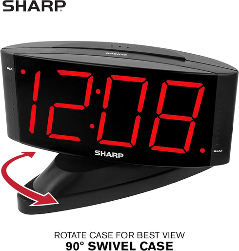 Sharp Home LED Digital Alarm Clock - Midnight Black with Red LED, Big Green Digit Display, Swivel Base, Outlet Powered