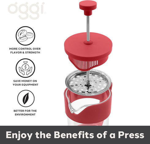 Oggi Borosilicate Glass French Press Coffee Maker (20oz), 5 Cup Capacity, Red with Stainless Steel Lid & Plunger