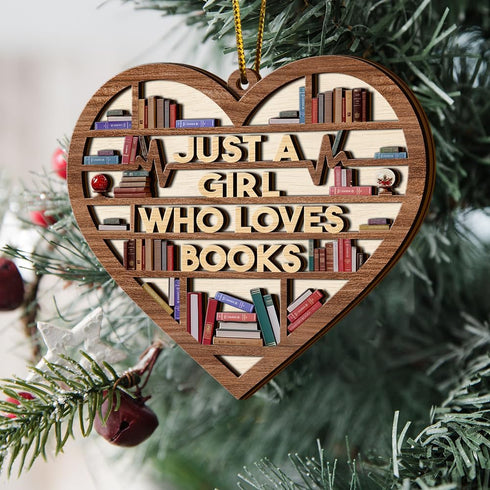 Book Ornament, Wooden Bookshelf Book Lovers Gifts Christmas Tree Decor, Just A Girl Who Loves Books, Book Club Gifts