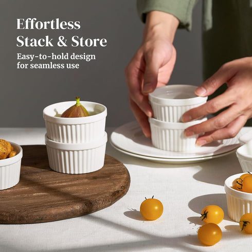 DOWAN Ramekins 4 oz Oven Safe for Creme Brulee Souffle, Porcelain Custard Cups, Set of 6, Classic White