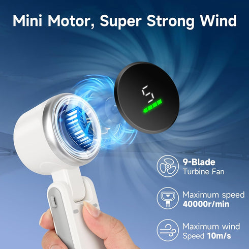 Portable Handheld Mini Fan - 3-IN-1 Turbo Fan for Travel, 5 Gear Wind, 12 Working Hours, Rechargeable Pocket Fan