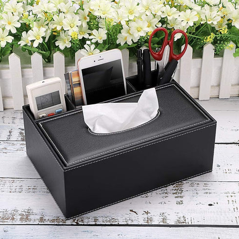 PU Leather Tissue Box Cover, Multifunctional Holder for Stationery and Remote Control, Stylish Desktop Organizer (Black)